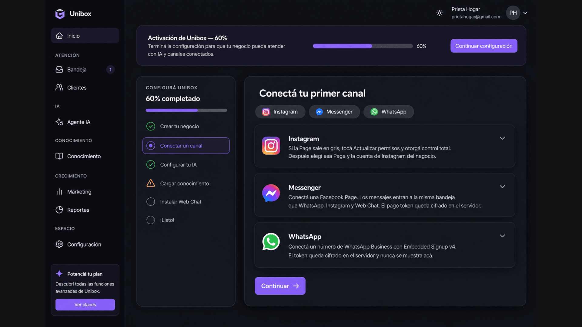 Activación de Unibox: conectar Instagram, Messenger o WhatsApp