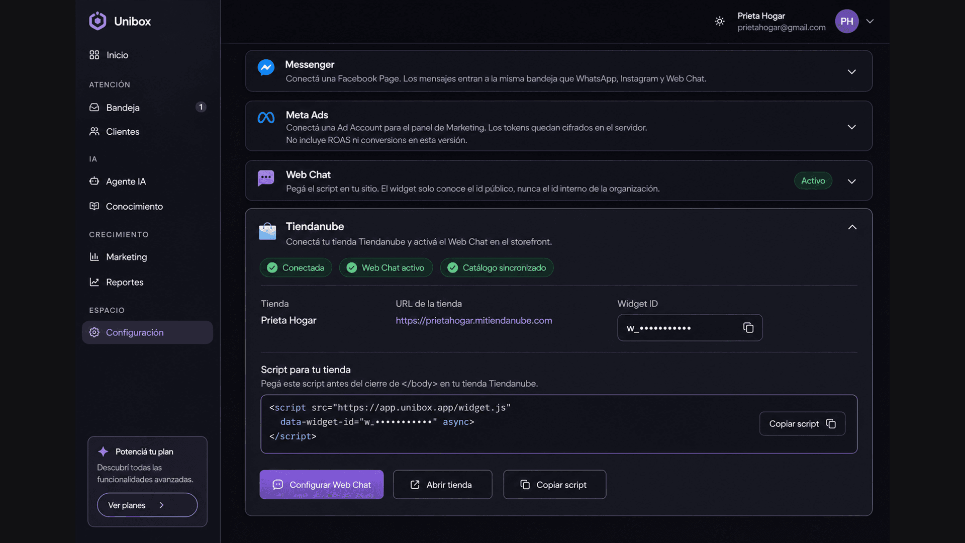Integración Unibox con Tiendanube para catálogo e IA